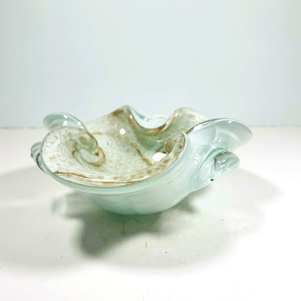 Vintage 1960’s Murano Art Glass Gold Ruffle Bowl Dish Gold Flecks Blown Glass